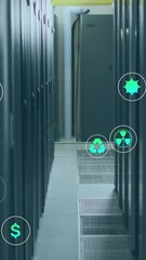 Poster - Animation of renewable energy concept icons against computer server room