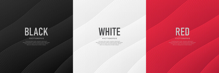 Set of red, black and white abstract background curve stripes line pattern. Minimalist flat design. Simple template banner collection design. Design for banner, web, flyer, card, poster, wallpaper.