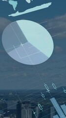 Poster - Animation of statistical data processing over aerial view of cityscape against blue sky
