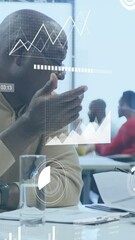 Poster - Animation of statistical data processing against diverse man and woman discussing at office