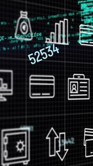 Poster - Animation of interface with multiple digital icons and data processing against black background
