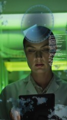 Poster - Animation of data processing over caucasian businesswoman by computer servers