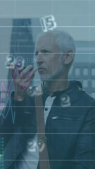 Poster - Animation of numbers and data processing over caucasian man using smartphone