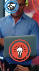Poster - Animation of multiple icons over woman standing and using digital tablet in office