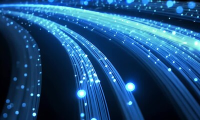 Fototapete - 
Abstract blue background with glowing dots and lines, a technology concept banner for digital network connection, information,
