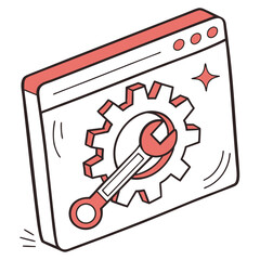 Poster - Vector web app icon of a gear and wrench crossing inside a browser window, representing settings or configuration, clean minimal color scheme