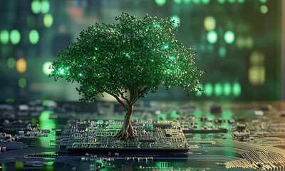 Fototapete - A tree growing on top of an electronic circuit board, with green lights in the background, 3D rendering.