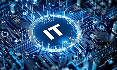 Poster - Digital icon of information technology or circuit board with the text IT in the center on a blue background, representing the technology and network concept.