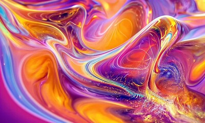 Fototapete - Abstract purple and orange liquid swirls, vibrant color gradients, swirling energy waves, ethereal glow effects, holographic elements, dynamic fluid shapes, fluid abstract background design,