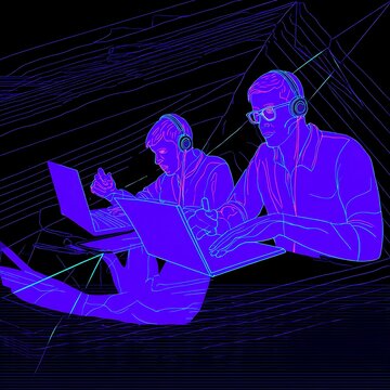 Two people working on laptops in a vibrant neon style.