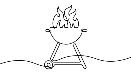 Poster - Continuous one line drawing of barbecue grill or kettle grill. barbecue grill. Set of continuous one line BBQ grill elements. Single line drawing of a barbecue grill with flames
