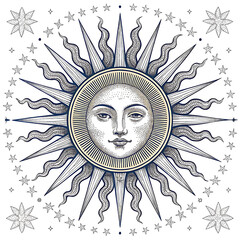 sun face with rays and stars on a dark background