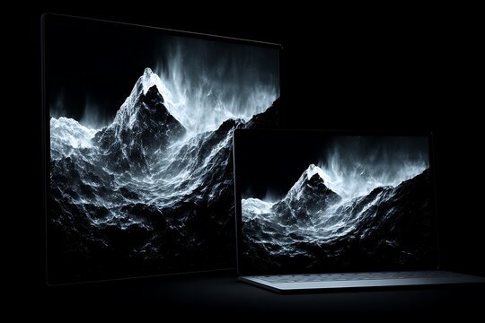 Abstract mountain range displayed on screens.