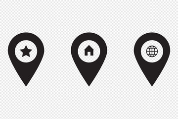 Poster - Map location pinpoint icon set collection global guide navigation illustration vector for web and app template design. Global positioning system sign. Home address geo location. Map pointer house icon
