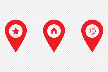 Poster - Map location pinpoint icon set collection global guide navigation illustration vector for web and app template design. Global positioning system sign. Home address geo location. Map pointer house icon