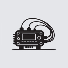 Poster - Detailed black and white graphic of an electronic device with connected wires against a light gray background
