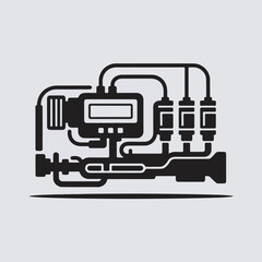 Poster - Simple black and white illustration of an engine component with pipes and fittings for technical design