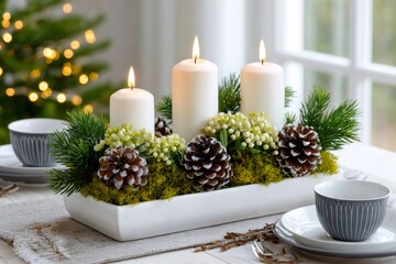 Wall Mural - burning white candles decorating a christmas table centerpiece with pine cones and moss