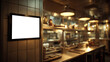 © JB - a Wall-mounted POS touchscreen in a modern commercial kitchen, with blank screen. Stainless steel appliances and kitchen shelves blurred in , background, cinematic lighting, 3d illustration.