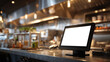 © JB - a Wall-mounted POS touchscreen in a modern commercial kitchen, with blank screen. Stainless steel appliances and kitchen shelves blurred in , background, cinematic lighting, 3d illustration.