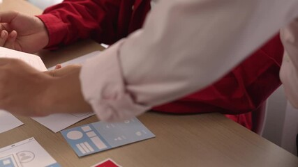Poster - Panorama video of startup company employee planning on user interface prototype for mobile application or website in office. UX UI designer brainstorm designing user friendly interface plan. Synergic