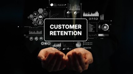 Poster - Hands Holding Symbols of Customer Retention with Graphs and Data Analytics Concepts Overlay. Asymptotic smart data analytic.