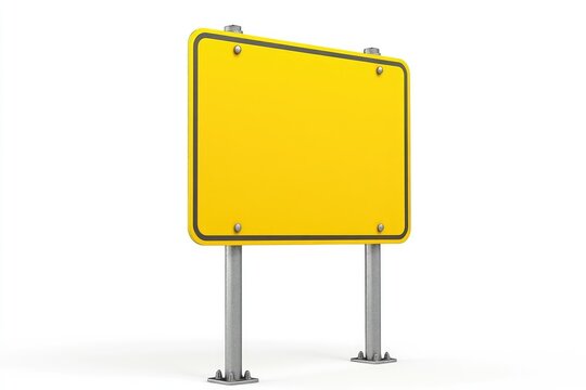 3D rendering of a yellow road sign on metal legs, isolated on a white background, in an isometric view.