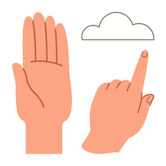 Poster - One open hand and one pointing finger near a cloud shape. Ideal for technology, communication, cloud storage, data, interface, gestures, and ideas. Minimal and simple flat metaphor