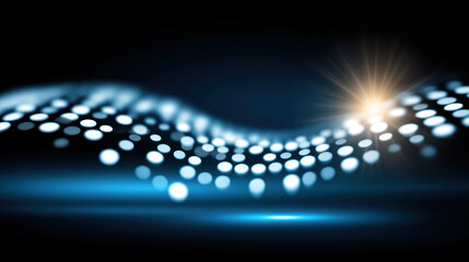 Poster - Abstract glowing dots form wave pattern with bright light flare on dark background