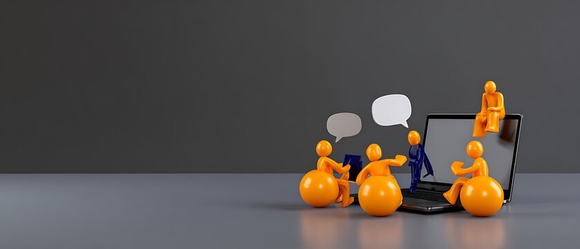 Small figures discussing around a laptop.