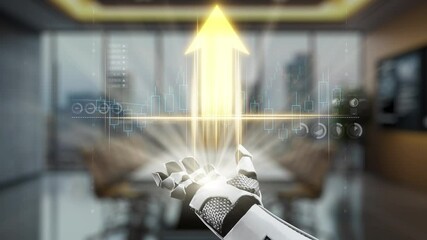 Poster - A futuristic robotic hand presents a growth symbol with an upward arrow amid data charts, reflecting the intersection of technology and finance for modern business strategies. Auvana