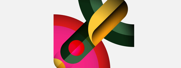 Poster - Abstract composition features colorful overlapping ribbons, red circle. Modern design, vibrant hues, simple geometry. Clean aesthetic.