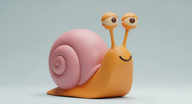 Cartoon snail with a pink shell and orange body, featuring large, expressive eyes, isolated on a white background.