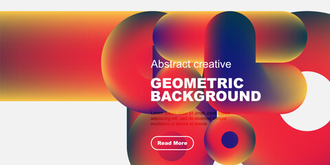 Fototapete - Vibrant abstract design. Overlapping colorful shapes create dynamic geometric background with text, button. Modern visual presentation.