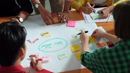 Poster - Top view of business team in casual cloth hand writing idea on sticky notes. Closeup of diverse people brainstorming marketing idea while sticking colorful sticky notes on mind mapping. Convocation.