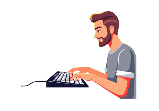 Vector SVG Illustration of Man Typing on Keyboard in Modern Flat Style with Warm Colors for Digital Media and Web Design