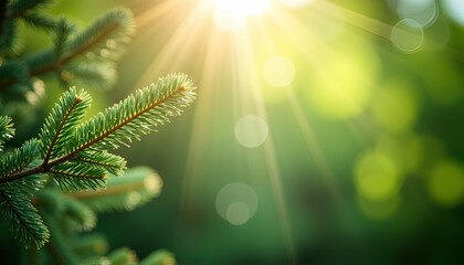 Sunlit Evergreen Pine Branch in Forest