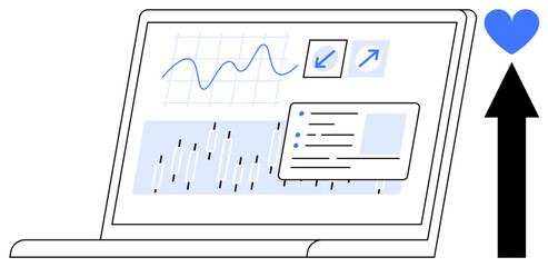 Poster - Laptop displaying graphs, charts, and icons representing data analysis, progress, and trends. Ideal for data visualization, analytics, marketing, technology growth business simple landing page