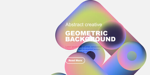 Fototapete - Abstract geometric background features vibrant overlapping shapes, text, button. Modern design suitable for presentations, websites.
