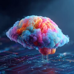 Poster - Abstract colorful cloud brain over circuit board concept of digital brain