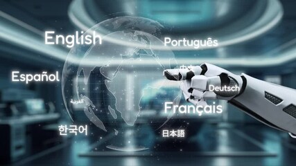 Poster - A robotic hand interacts with a digital globe displaying various languages, symbolizing the intersection of technology and global communication in a modern, high-tech setting. Auvana