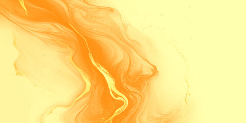 Poster - The image features an abstract fluid design with a soft yellow background, flowing lines and swirls in varying shades of yellow and orange, decor and tails marble design.