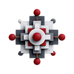 Fototapete - Abstract colorful geometric design featuring 3D shapes with red, white, and gray elements on a dark background for modern aesthetics