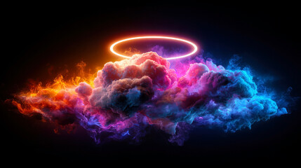 Poster - This captivating image features vibrant, swirling clouds illuminated by a glowing halo, creating a mesmerizing blend of colors and abstract shapes against a dark background