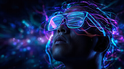 Poster - A mesmerizing blend of technology and artistry, this image captures a person wearing illuminated sunglasses, surrounded by vibrant, flowing colors that evoke a sense of futuristic wonder.