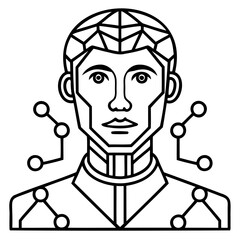 Poster - Illustration of a stylized humanoid robot with geometric head and connected nodes around it
