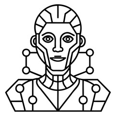 Poster - line art illustration of a humanoid robot with geometric head and shoulder design elements