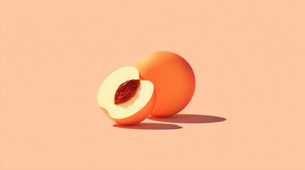 Poster - Stylized Peach With 3D Pit Showcasing Bright Colors and Minimal Background in a Split Presentation
