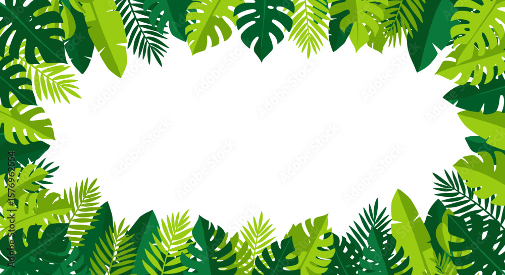 Tropical leaf border design with vibrant green foliage on white ...