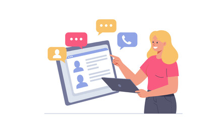 Poster - Smiling woman engaging with communication icons on tablet display